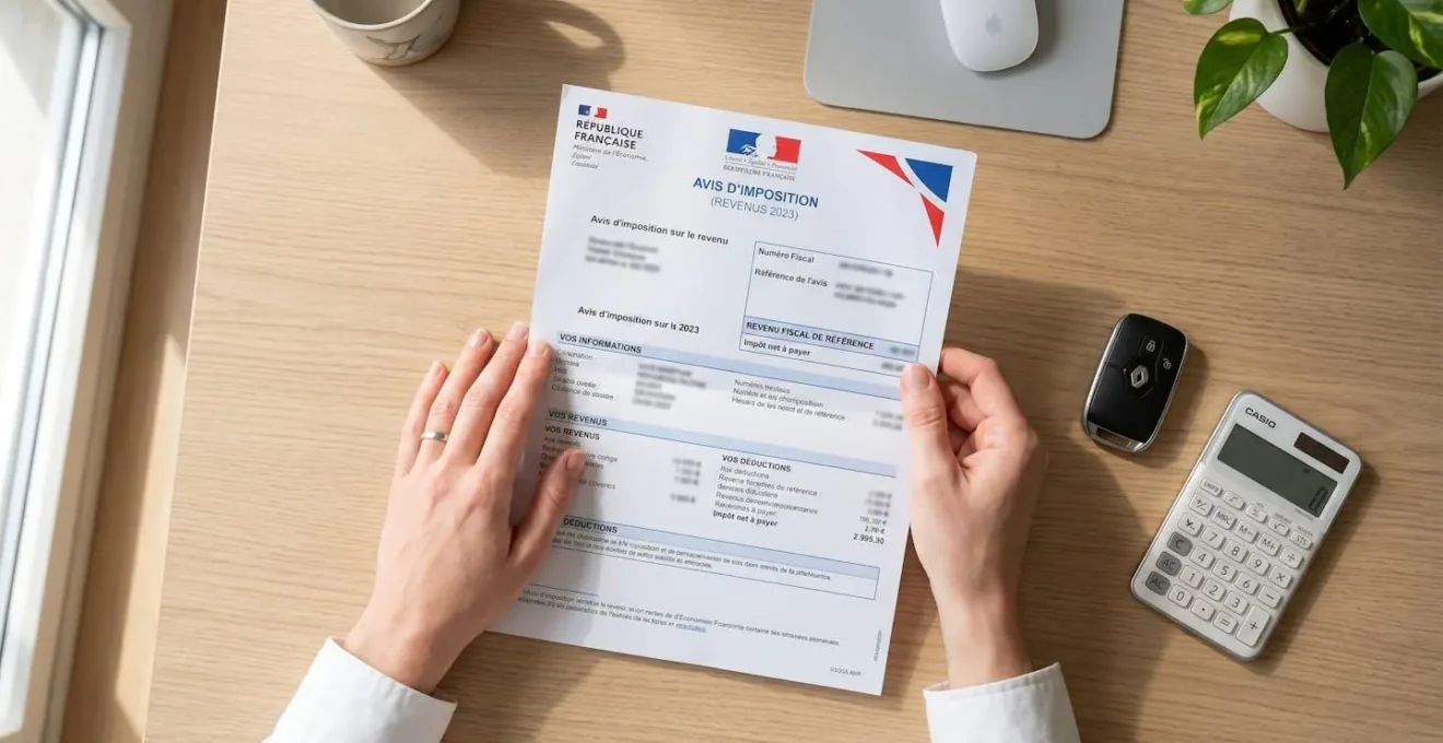 Gros plan sur des mains tenant un avis d'imposition et d'autres documents administratifs au-dessus d'un bureau épuré, éclairé par une lumière douce naturelle