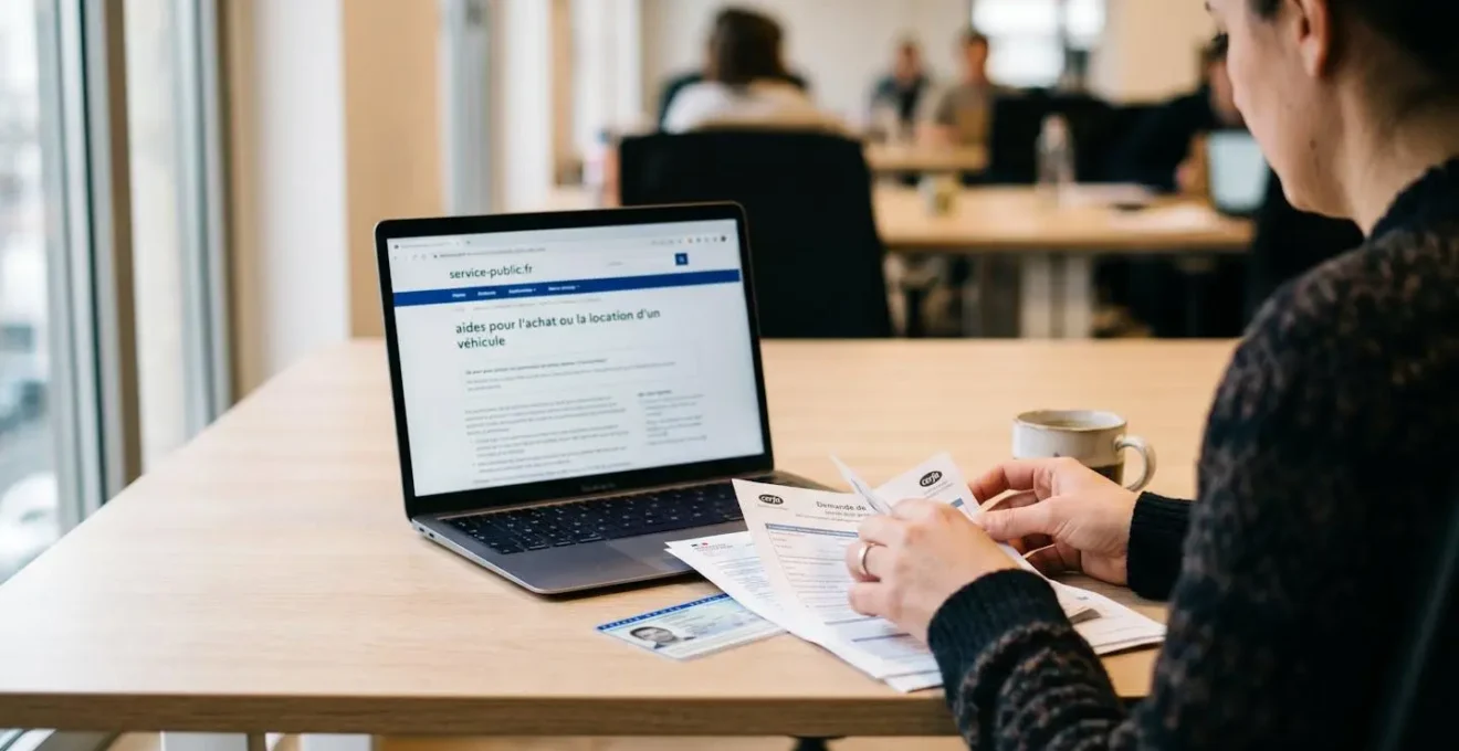 Une personne consulte des documents relatifs à l'achat d'un véhicule sur un ordinateur portable ouvert, installée à une table de café lumineuse