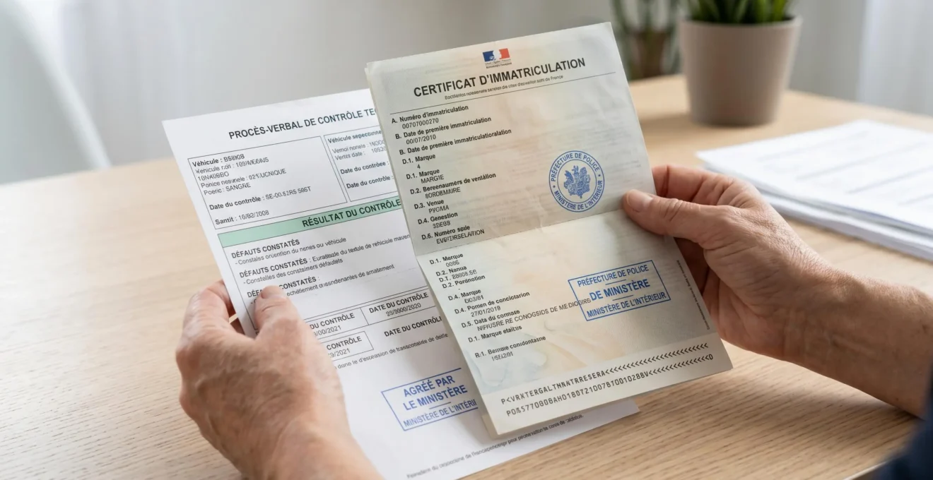 Mains tenant une carte grise française et un rapport de contrôle technique sur un bureau, documents administratifs pour achat véhicule occasion