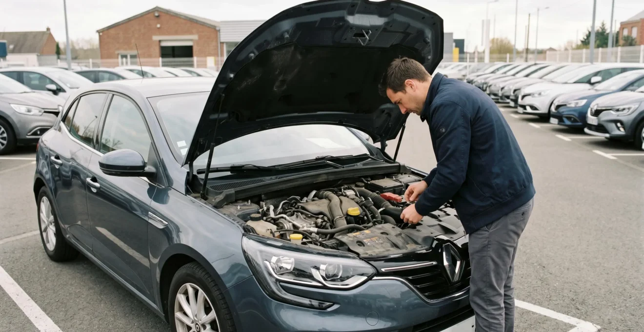 Personne inspectant le moteur d'une voiture d'occasion sous le capot ouvert dans un parking de concession automobile en France