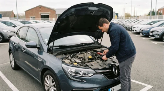 Personne inspectant le moteur d'une voiture d'occasion sous le capot ouvert dans un parking de concession automobile en France