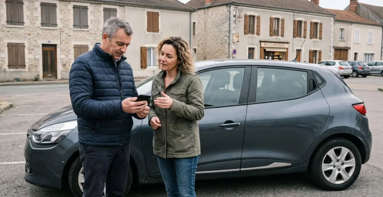 Deux personnes négociant le prix d'une voiture d'occasion à côté du véhicule, l'une consultant un smartphone pour comparer les cotes