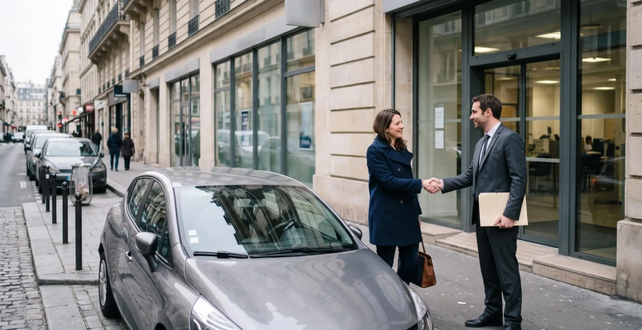 Une cliente et un conseiller se serrant la main à l'entrée d'une agence bancaire en France, une voiture récente garée devant l'agence.