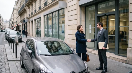 Une cliente et un conseiller se serrant la main à l'entrée d'une agence bancaire en France, une voiture récente garée devant l'agence.
