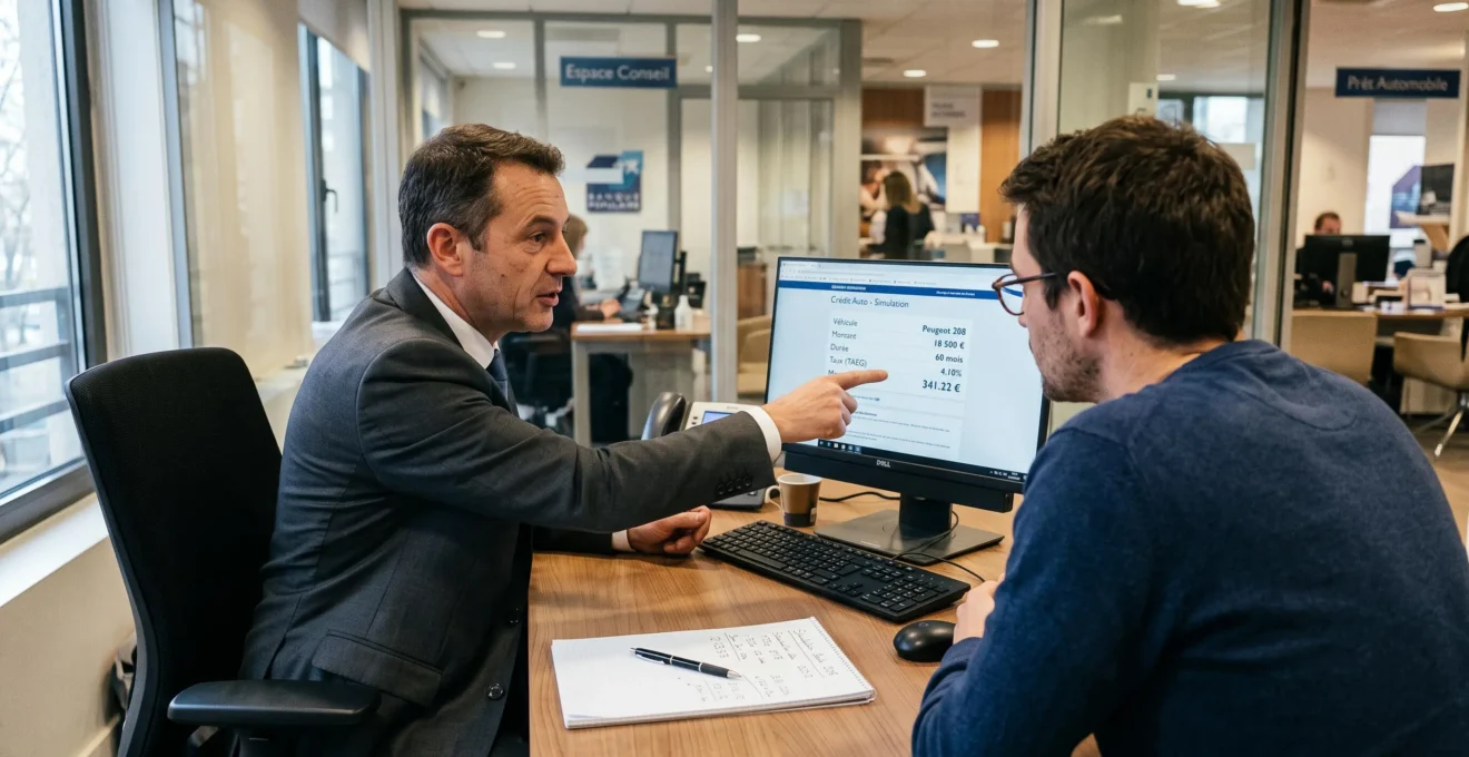 Un conseiller bancaire expliquant une simulation de crédit auto sur écran à un client dans un bureau d'agence en France.