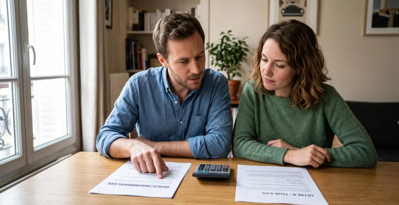 Un couple assis à table comparant deux offres de financement auto imprimées, un calculateur posé entre les deux documents.