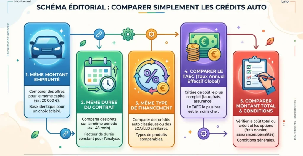 Schéma des étapes pour comparer deux crédits auto sur les mêmes paramètres Schéma des étapes pour comparer deux crédits auto sur les mêmes paramètres